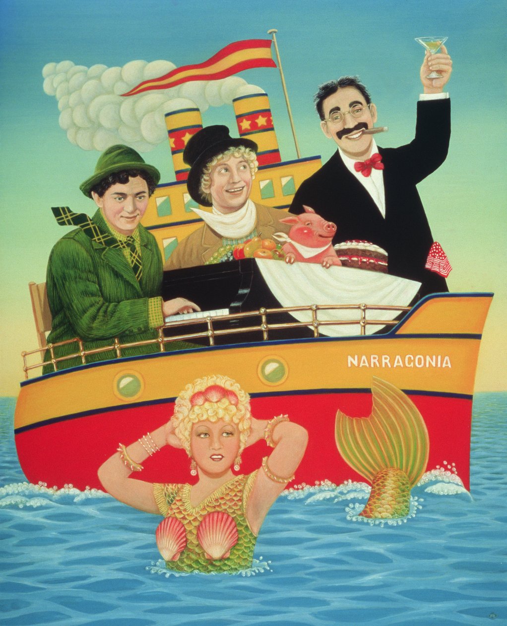 Three Men in a Tub, 1994 (olie og tempera på panel) af Frances Broomfield