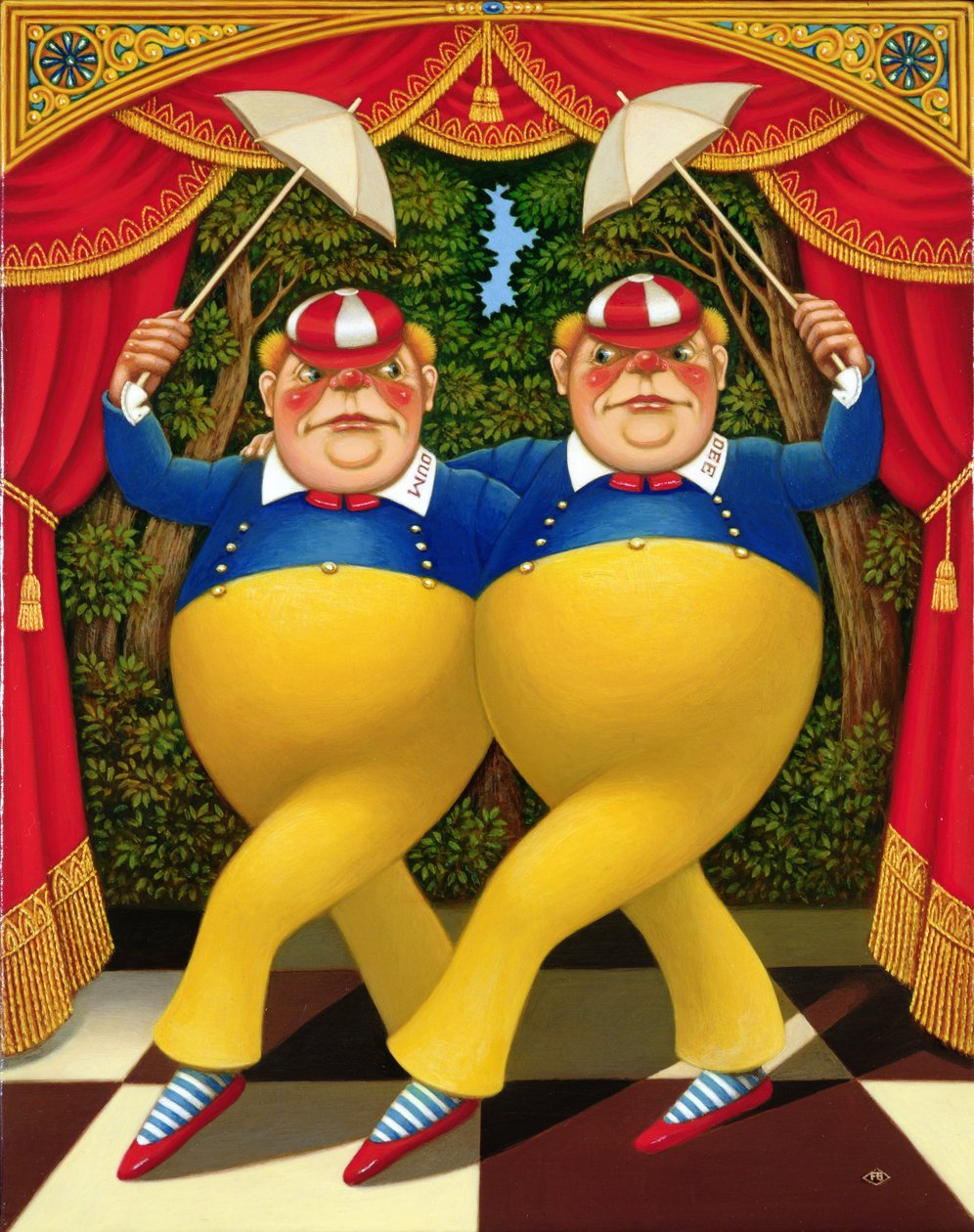 Tweedledum og Tweedledee, 1998 (olie og tempera på panel) af Frances Broomfield