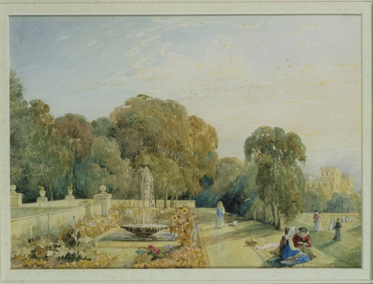 Udsigt over haverne ved Chatsworth, Derbyshire, ca. 1820 (par 85760) af Frances Elizabeth Swinburne