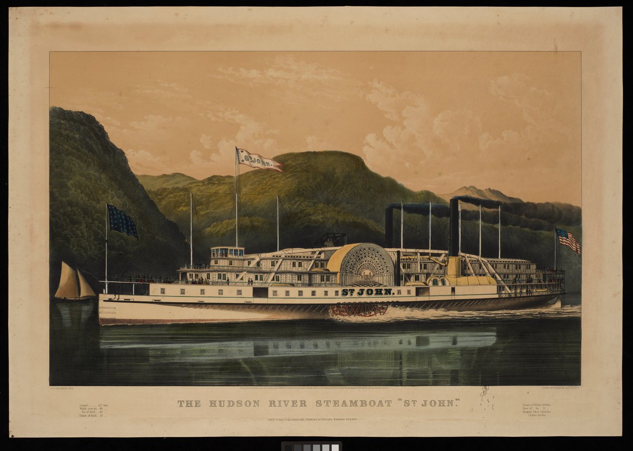 Hudson River-dampbåden St John (litografi, farvelagt) af Frances Flora Bond (c.1812 76) (after) Palmer