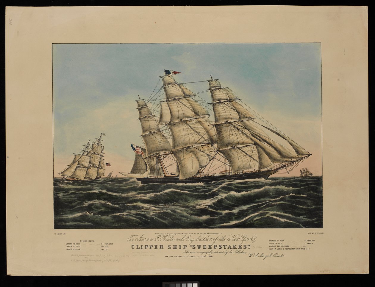 Til Aaron J Westervelt Esq. bygherre af New York-klipperen Sweepstakes er dette tryk respektfuldt tilegnet af udgiverne ..., litografi, farvelagt (litografi, farvelagt) af Frances Flora Bond (c.1812 76) (after) Palmer
