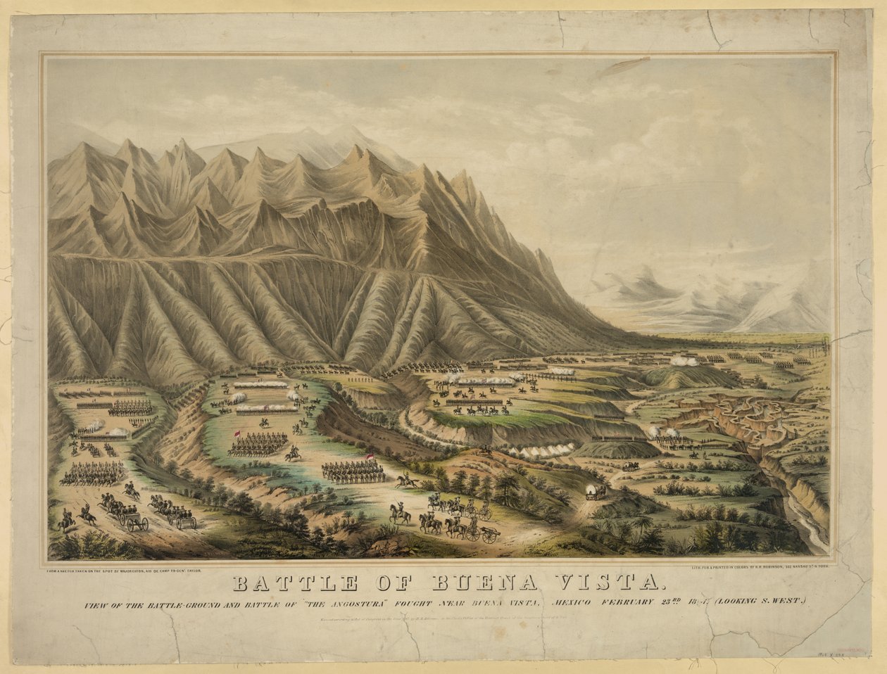 Forberedelser til slaget ved Buena Vista også kendt som slaget ved Angostura, mellem general Zachary Taylor og general Antonio Lopez de Santa Annas tropper, 23. februar af Frances Flora Bond (c.1812 76) Palmer