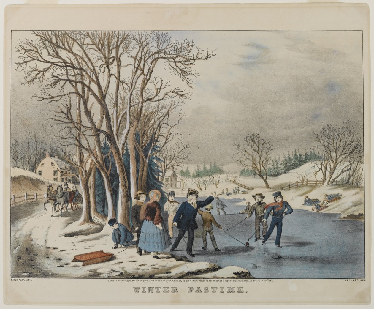 Winter Pastime, indgraveret af Nathanial Currier (1813-88), 1855 (håndfarvet litho) af Frances Flora Bond Palmer