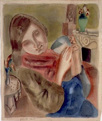 Pige med en skål (akvarel på papir) af Frances Hodgkins
