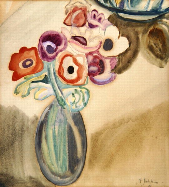 Kande med blomster (akvarel på papir) af Frances Hodgkins