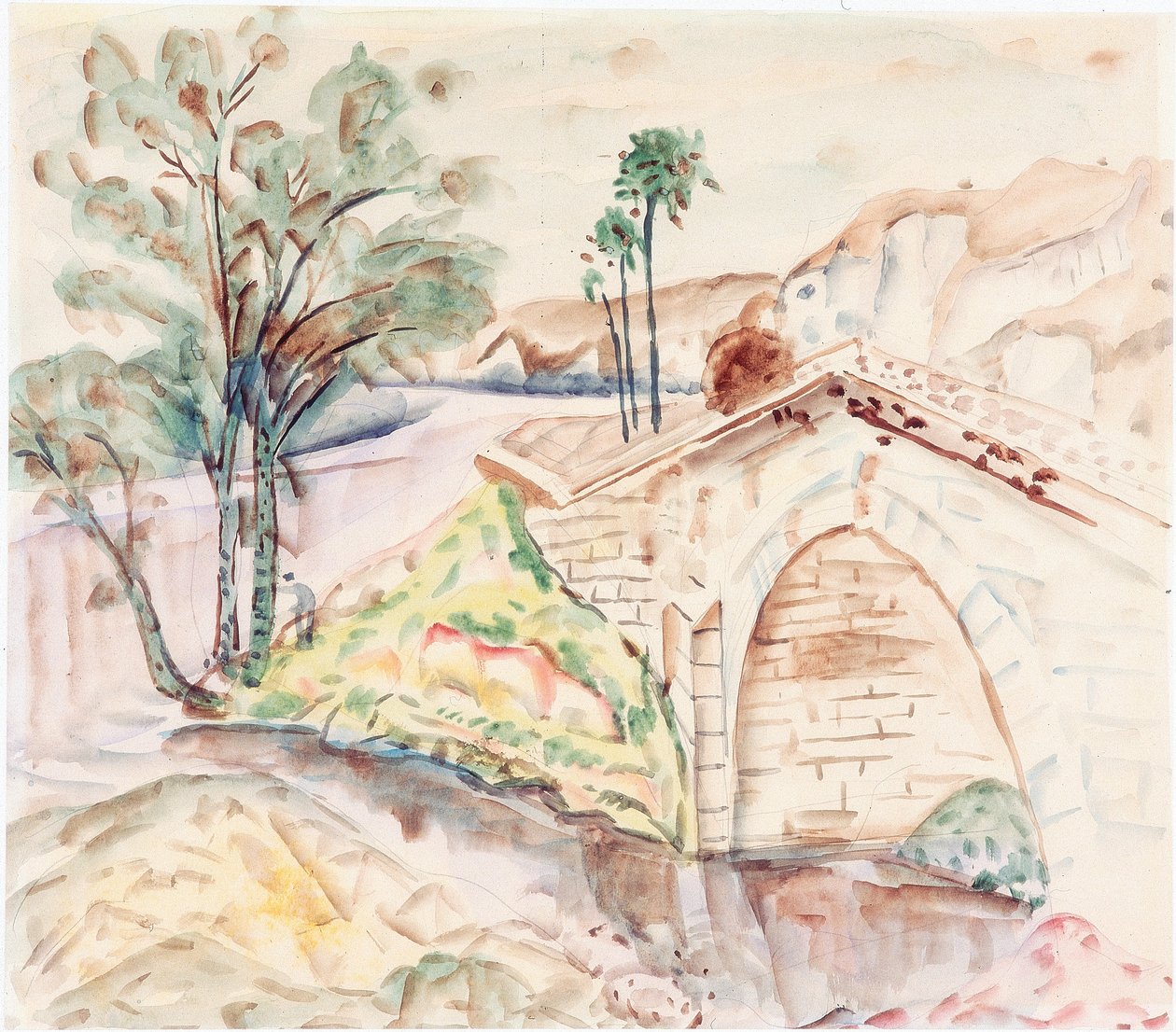 Broen (blyant og akvarel på papir om bord) af Frances Hodgkins
