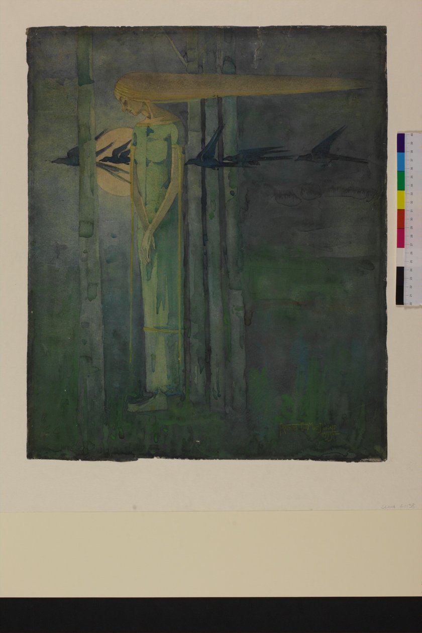 "Ill Omen", eller, "Pige i østenvinden med ravne, der passerer månen" 1893 af Frances Macdonald