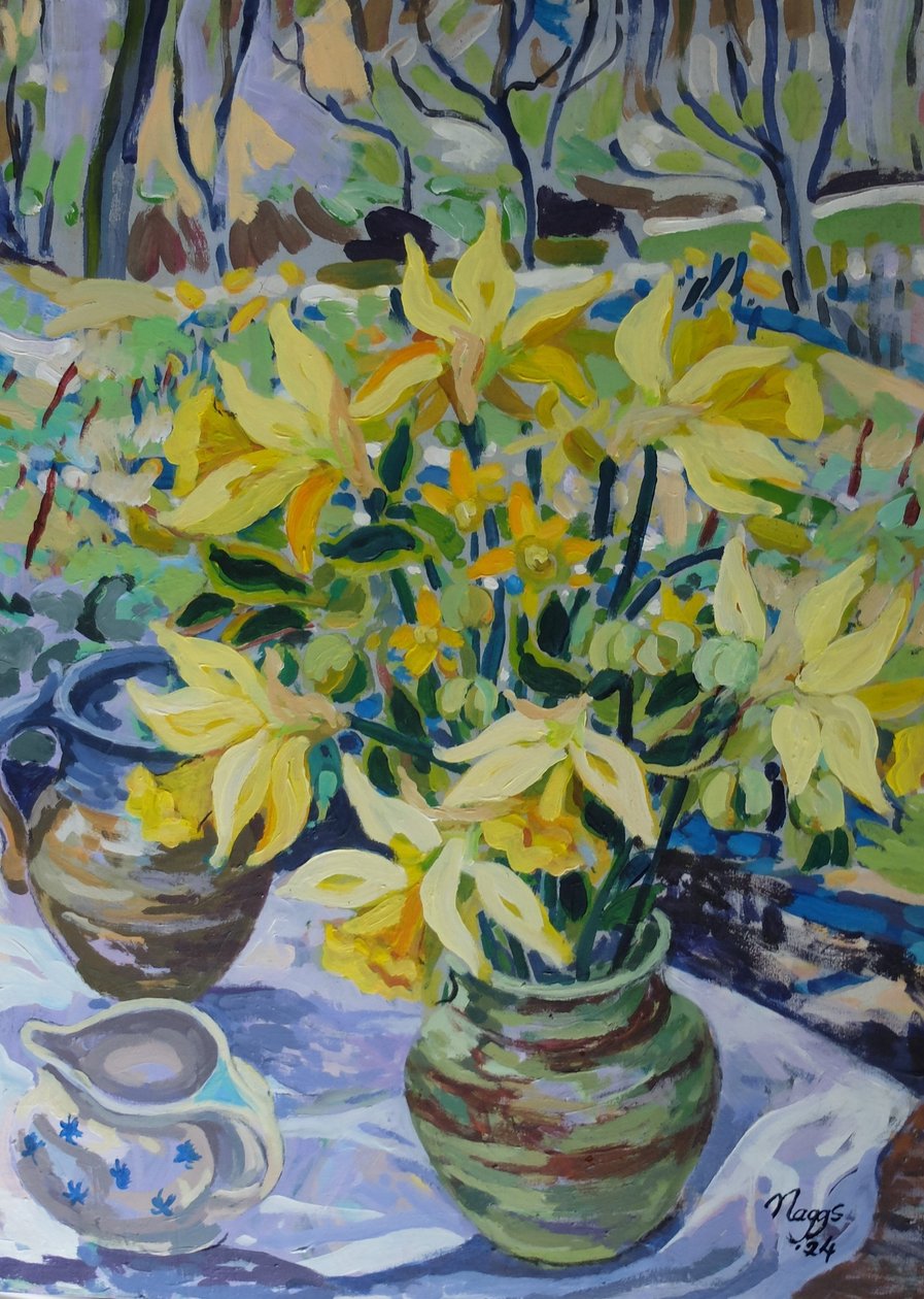First Daffodils, 2024 (akryl på lærred) af Frances Naggs