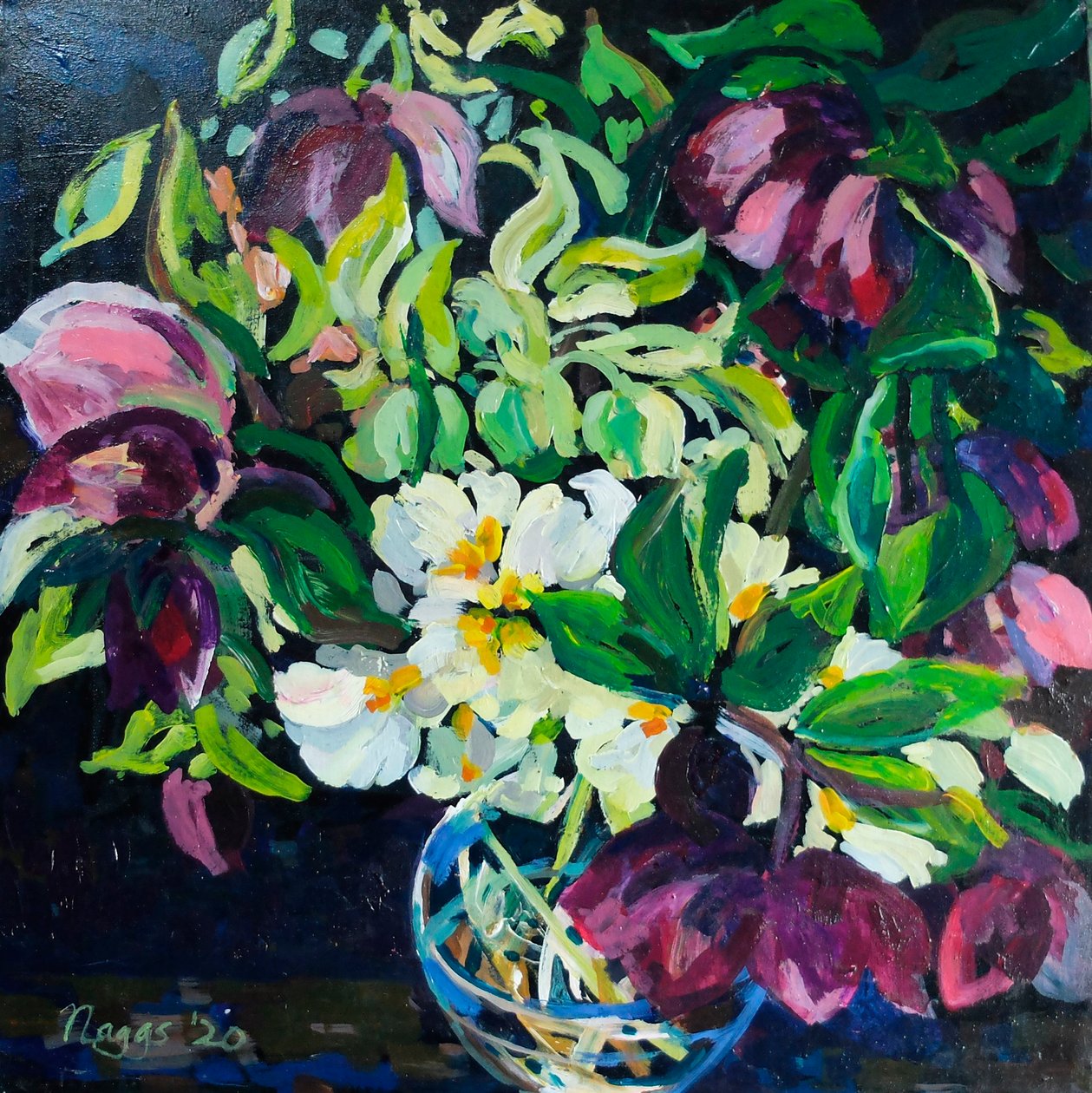 Helibore and Primroses on a Dark Ground, 2020 (akryl på lærred) af Frances Naggs
