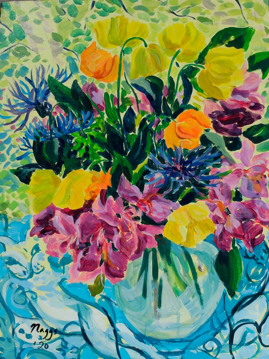 Forårsbuket (Rhododendron og walisiske valmuer), 2020 (akryl på lærred) af Frances Naggs