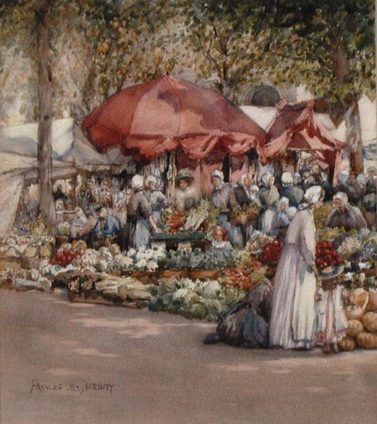 Markedsdag, Nordfrankrig ca. 1910 (akvarel på papir) af Frances Nesbitt