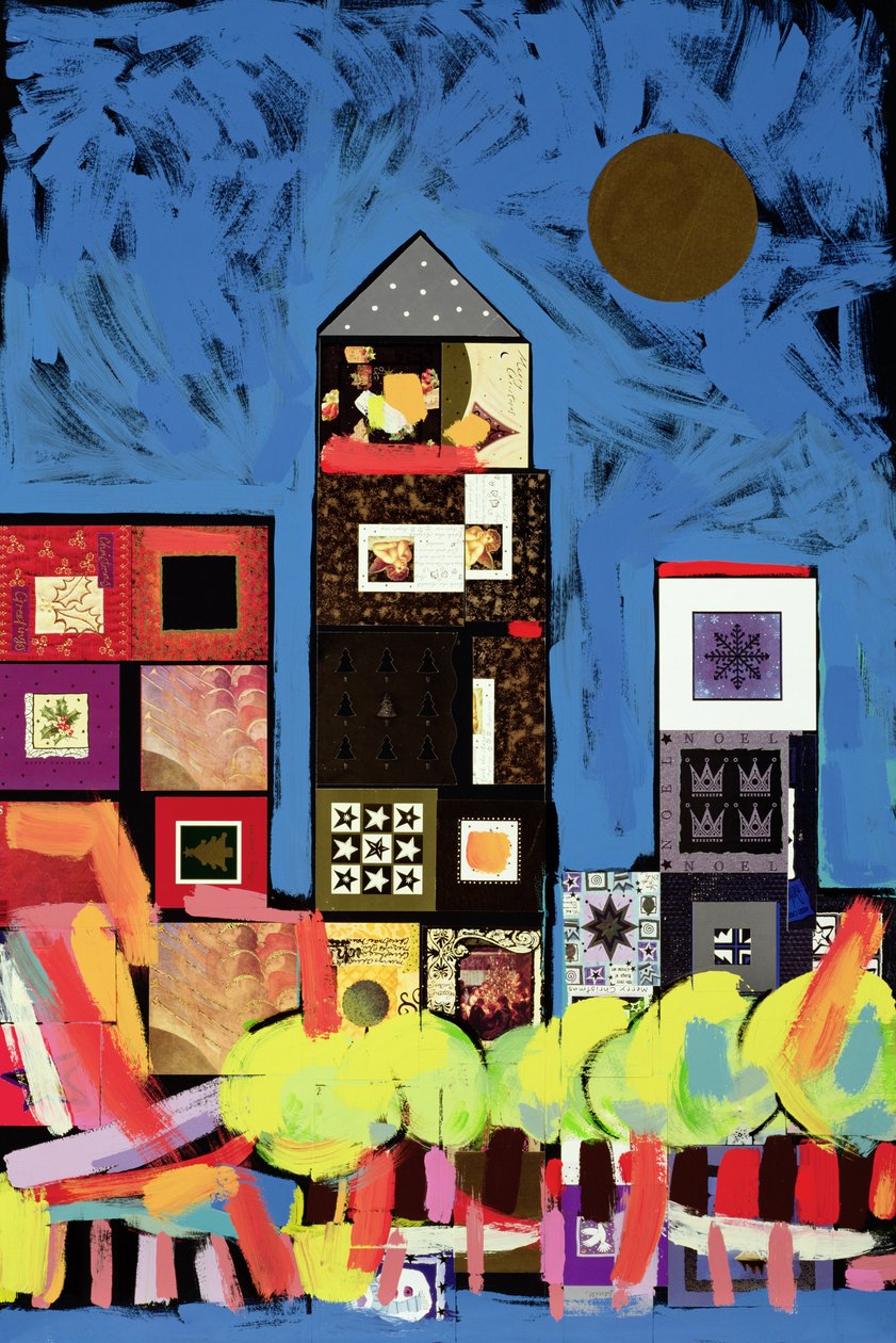 Nighttime, Canary Wharf (akryl på papir collage på mount board) af Frances Treanor