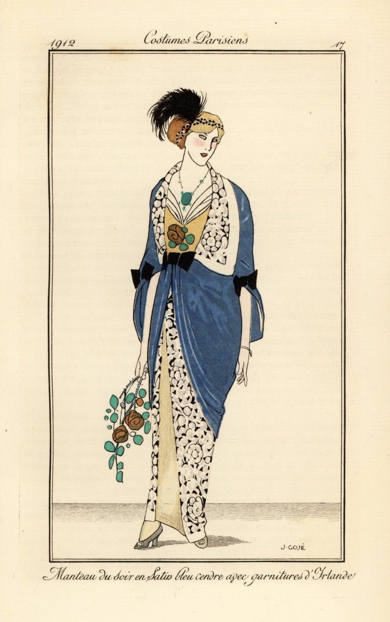 Kvinde i aftenkjole af askeblå satin med irske blonder. Aftenfrakke i askeblå satin med irske besætninger. Håndfarvet pochoir (stencil) radering efter en illustration af Xavier Gose fra Tommaso Antonginis Journal des Dames et des Modes, Au af Francesc Xavier Gosé