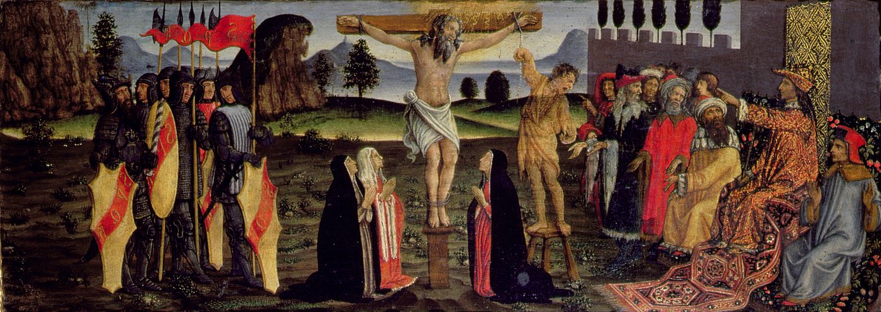 Korsfæstelsen, predella-panel fra Sakramenternes Tabernakel, ca. 1484-6 (tempera på panel) (detalje fra 94757) af Francesco Botticini