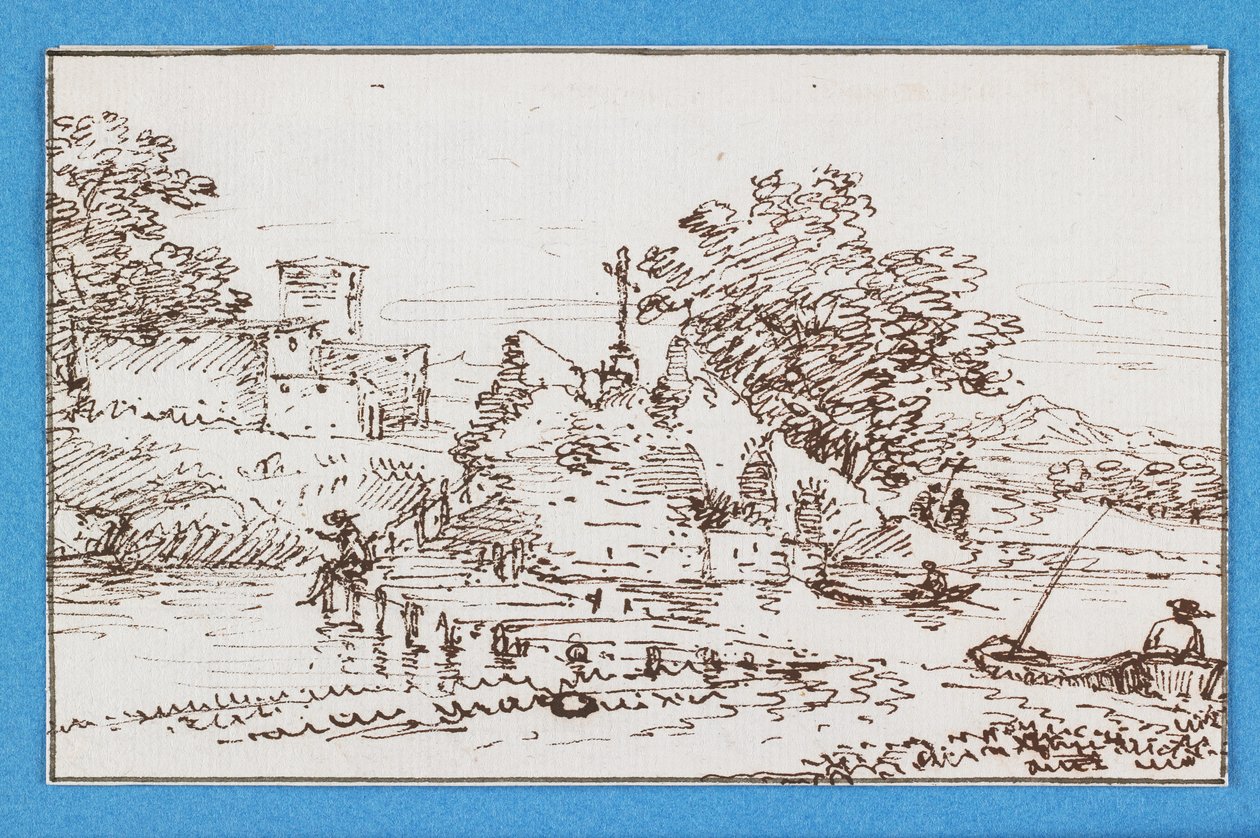 Landskab med figurfiskeri, midten af 1600-tallet (pen og brunt blæk) af Francesco Allegrini