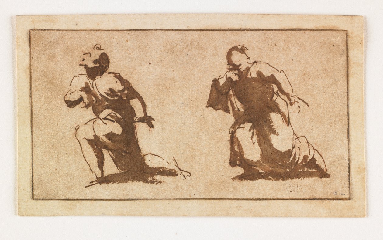 Studie af to knælende mandlige figurer (pen og brun blæk og vask) af Francesco Allegrini