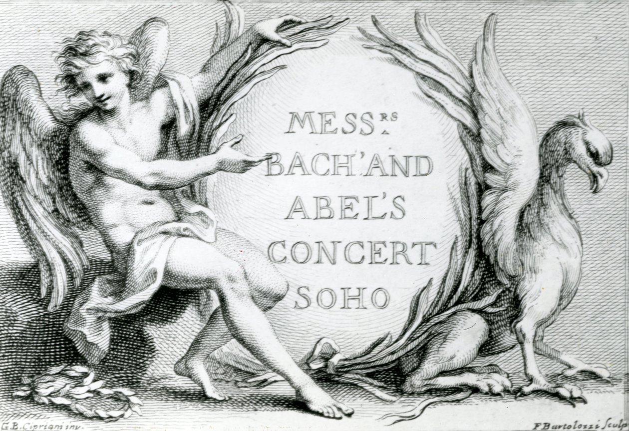 Bach og Abels koncert Soho, 1870 (gravering) af Francesco Bartolozzi