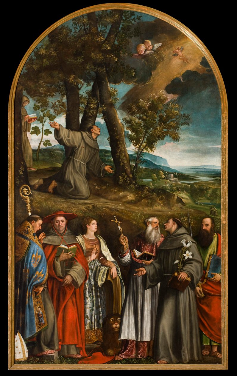 Sankt Frans modtager stigmata og seks helgener af Francesco Beccaruzzi