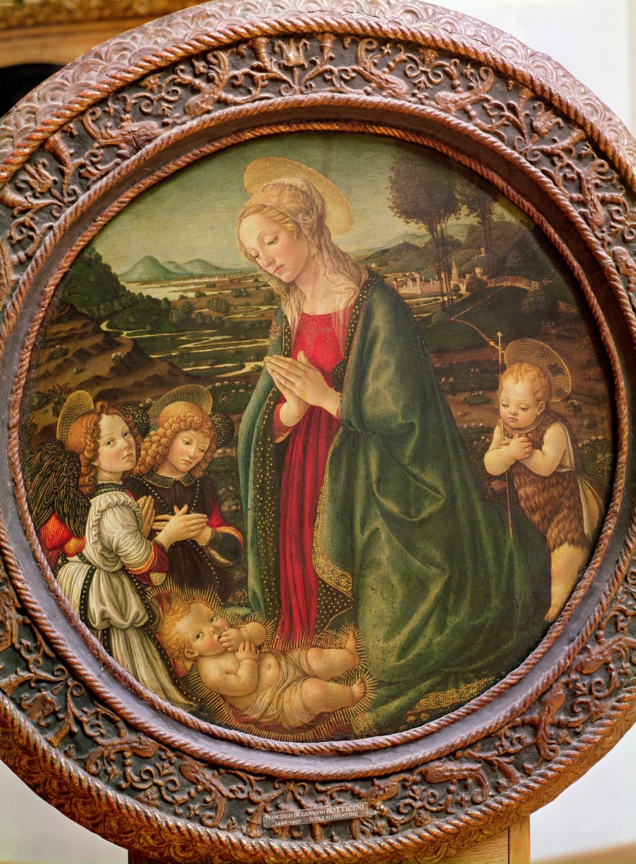 Jomfruen tilbeder Kristusbarnet med Johannes Døberen og to engle (tempera på panel) af Francesco Botticini