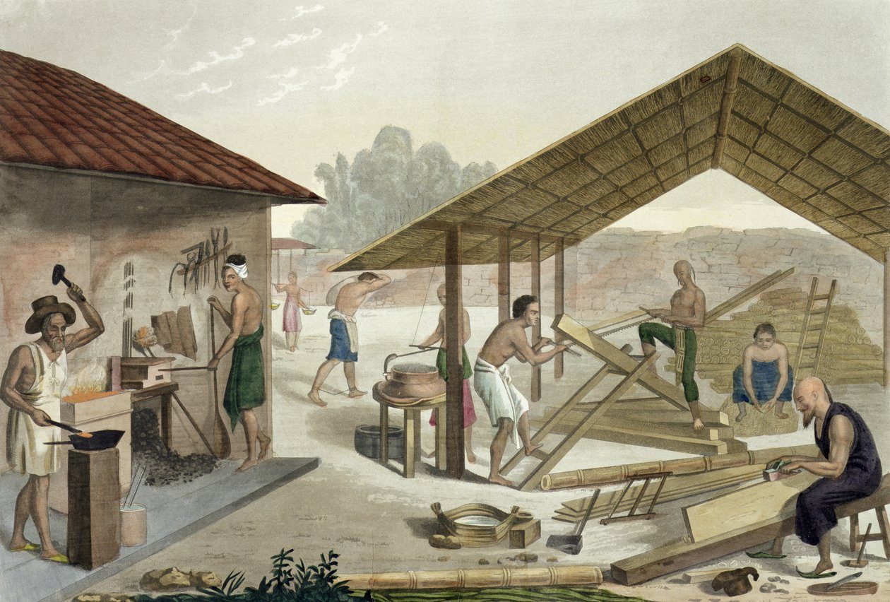 Tømrerværksted i Kupang, Timor, plade 6 fra Le Costume Ancien et Modern af Jules Ferrario, udgivet ca. 1820