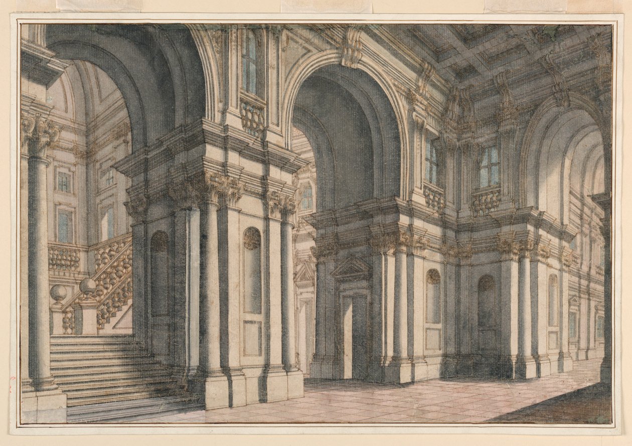 Tegning, scenografi af Francesco Galli Bibiena