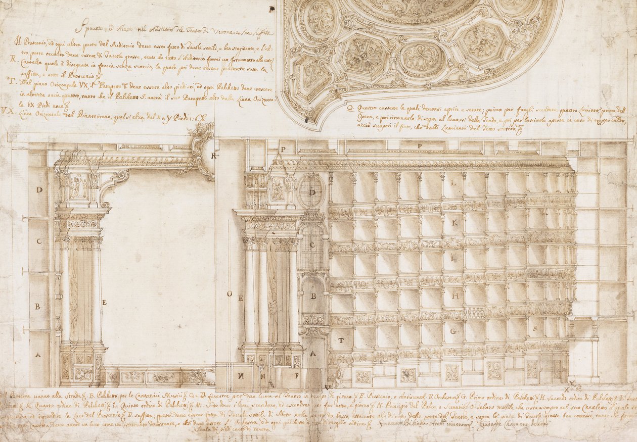 Teatro Filarmonico, Accademia Filarmonica, Verona, Italien - Sektion og loft af Francesco Galli Bibiena