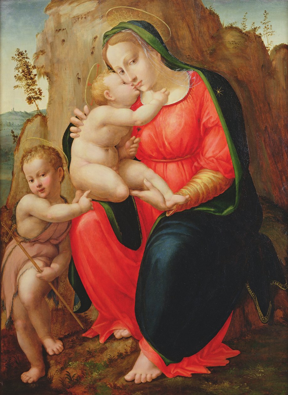 Madonna med barn og Johannes i et landskab af Francesco Granacci