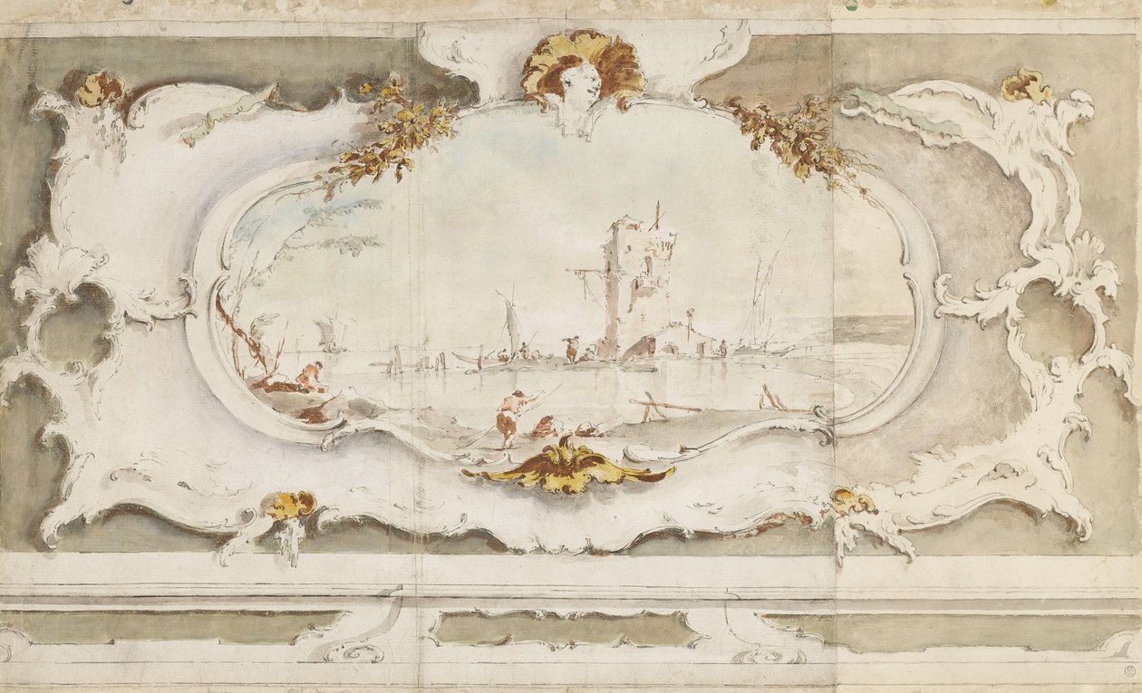 Dekorativ kartouche med et landskab af Francesco Guardi