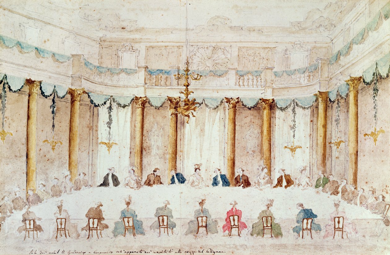 Festlig middag givet for at fejre Armands bryllup (1771-1847) hertug af Polignac til baronesse Idalia af Neukirchen i Villa Gradenigo, Carpenedo, 1790 (wc over grafit med pen og blæk på papir af Francesco Guardi