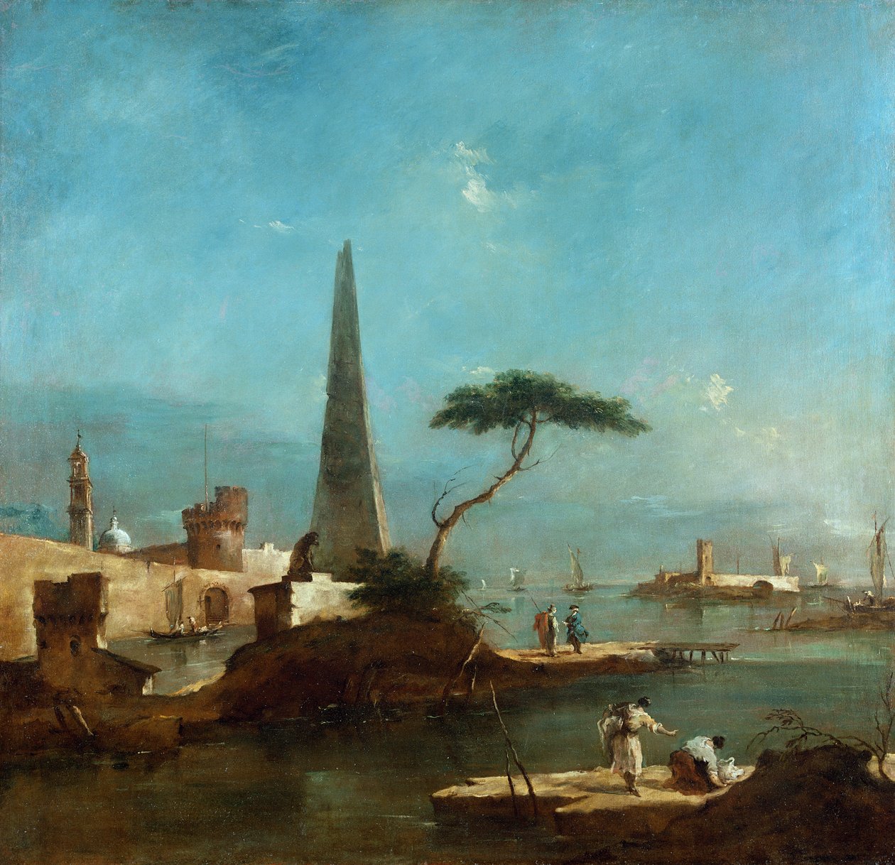 Obelisk ved siden af indsejlingen til en muret havn af Francesco Guardi