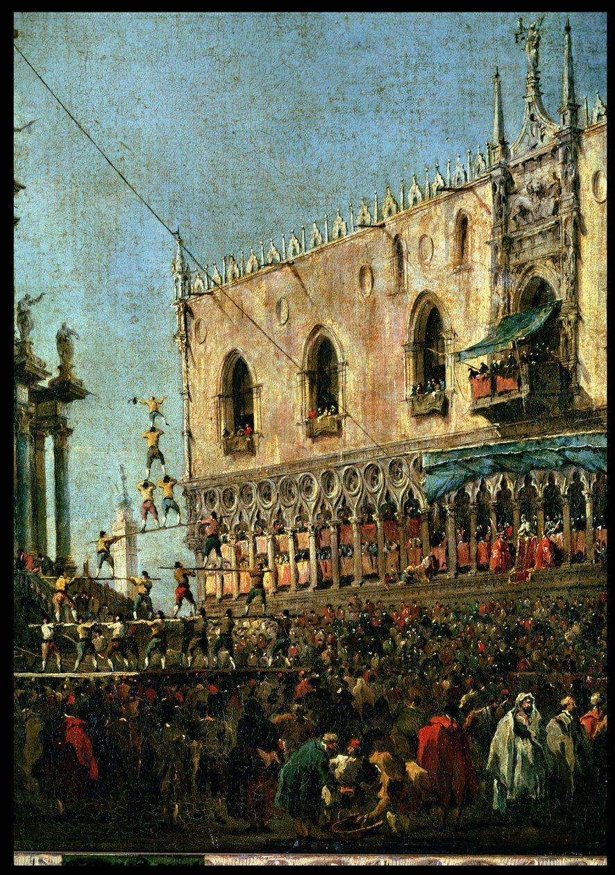 Doge in the Shrove Tuesday Festival på Piazzetta, Venedig, detalje af akrobaterne olie på lærred af Francesco Guardi