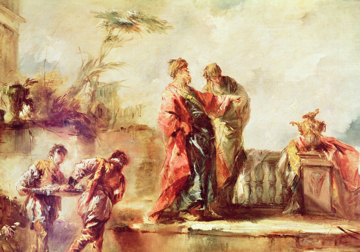 The Marriage of Tobias, detaljer fra en række paneler på orgelbrystningen, der viser Scener fra historien om Tobias, 1750-53 af Francesco Guardi