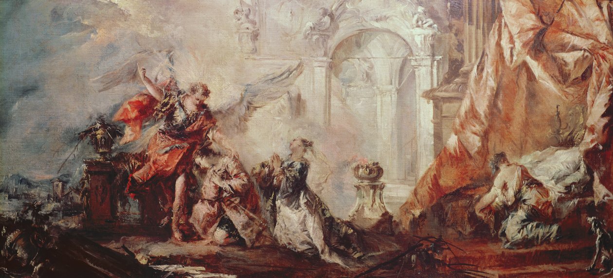 The Marriage of Tobias, detalje af ægteparret Sara og Tobias før Raphaels mellemmand, der takker Gud, c.1750 olie på lærred af Francesco Guardi