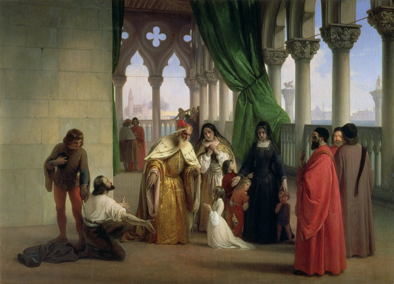 De to Foscari: Francesco Foscari, doge af Venedig (ca. 1372-1457), der forviste sin søn Jacopo anklaget for forræderisk korrespondance, mens han var i eksil; emnet for Bryons poetiske drama 