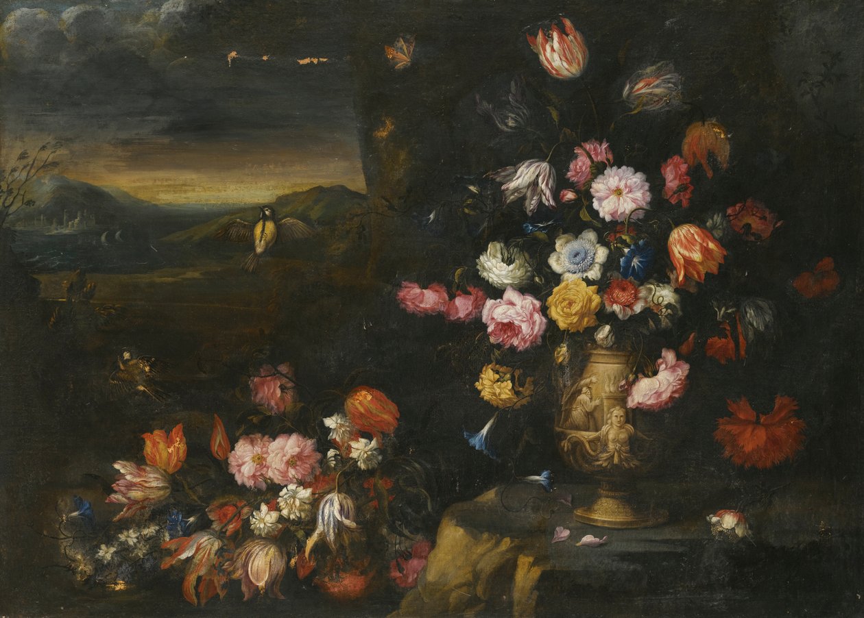 Stilleben med vase af blomster i en kystlandskabsindstilling af Francesco Mantovano