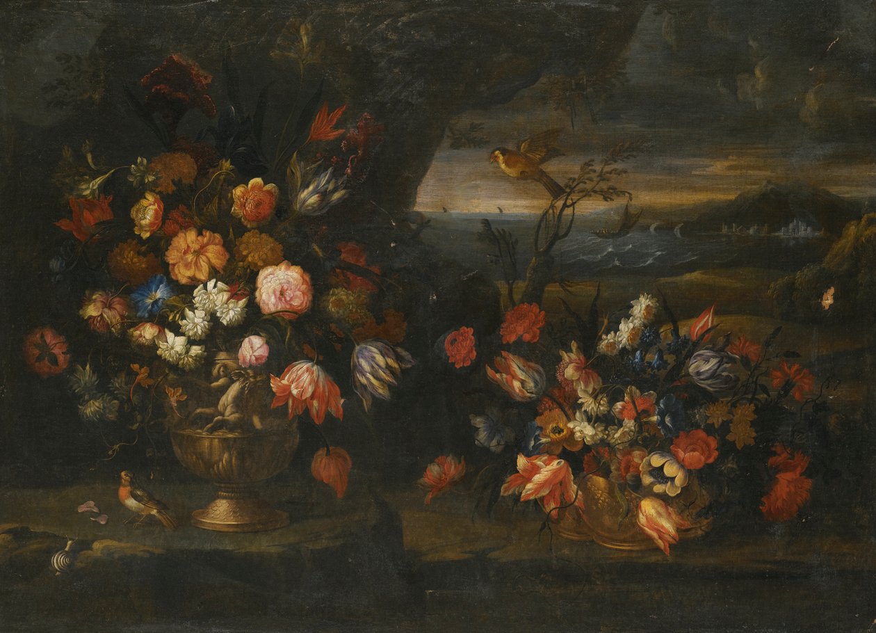 Stilleben med vase af blomster i en kystlandskabsindstilling af Francesco Mantovano