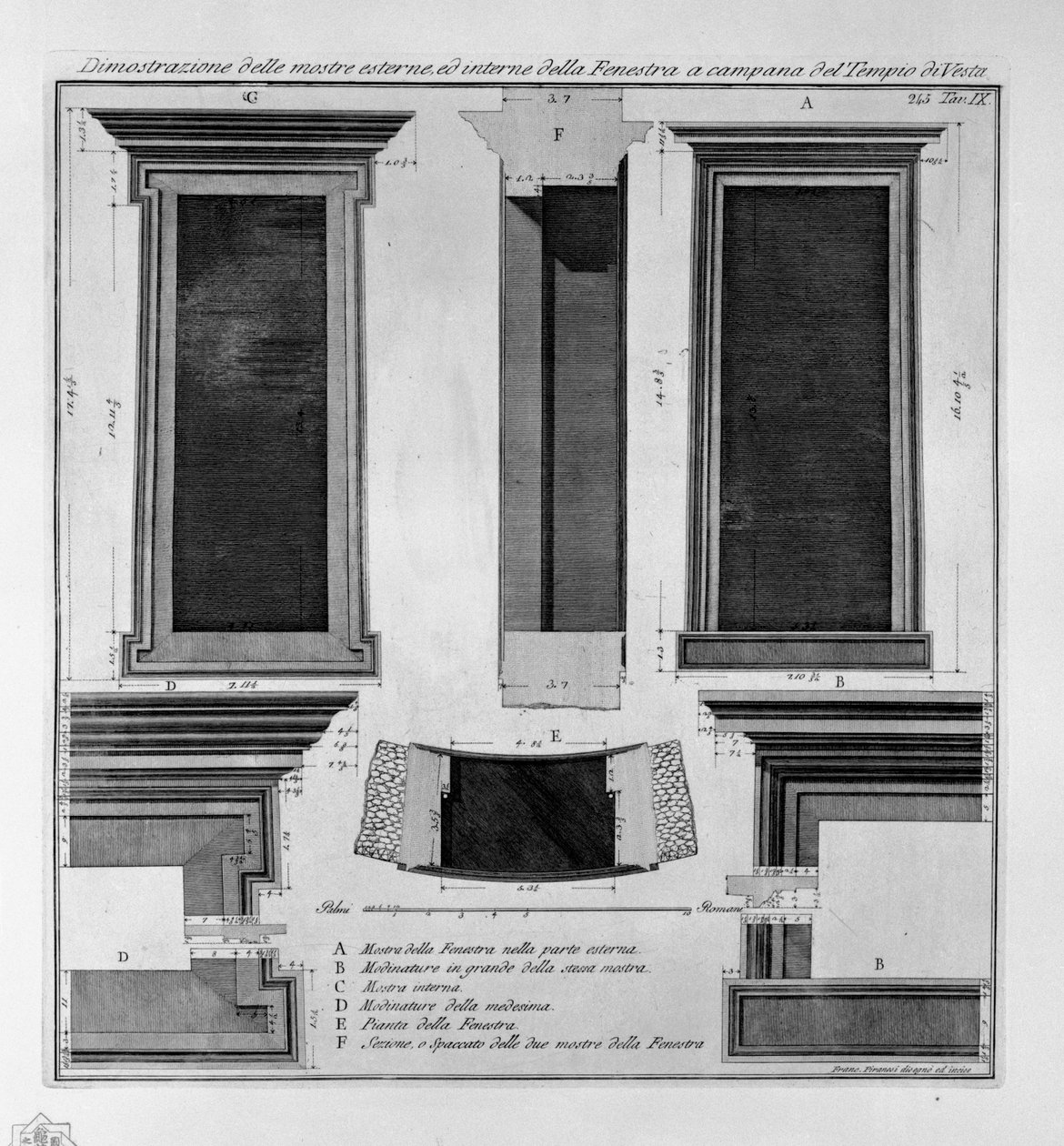Demonstration af de eksterne og interne udstillinger af den klokkeformede Fenestra i Vesta-templet af Francesco Piranesi