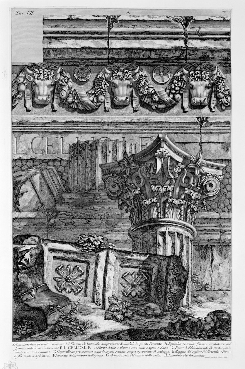 Demonstration af forskellige ornamenter fra Vesta -templet, der beviser symbolerne på denne guddom af Francesco Piranesi