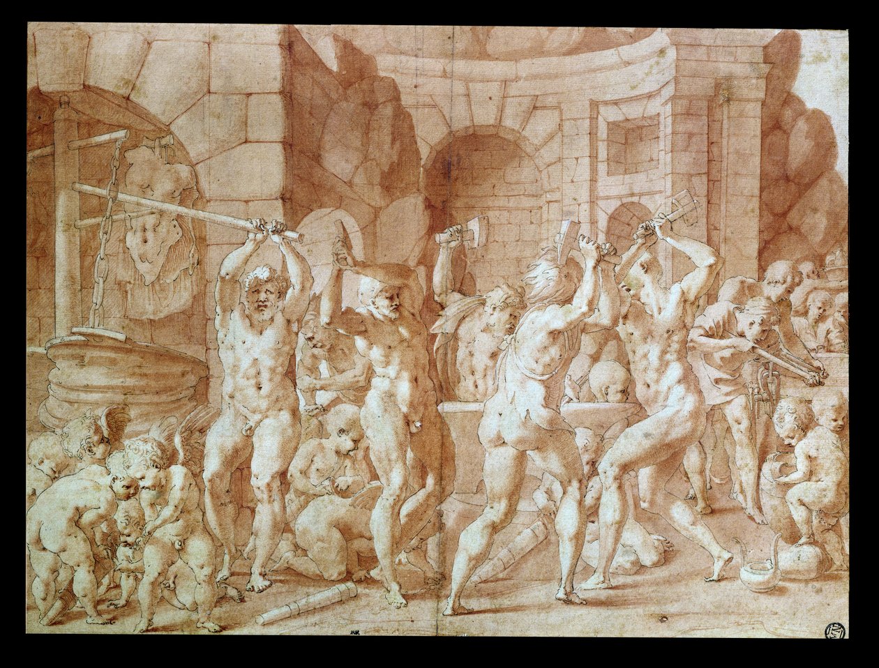 Cyclops in the Forge of Vulcan (pen og blæk og rødt kridt på papir) af Francesco Primaticcio
