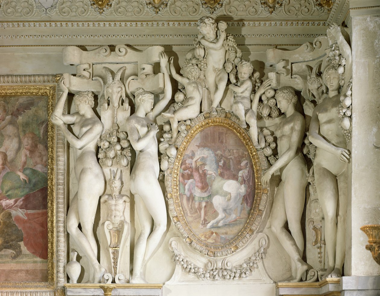 Kvindefigurer og keruber omkring et maleri af Alexander den Store (356-323), der træner Bucephalus, fra Escalier du Roi (stuk) af Francesco Primaticcio