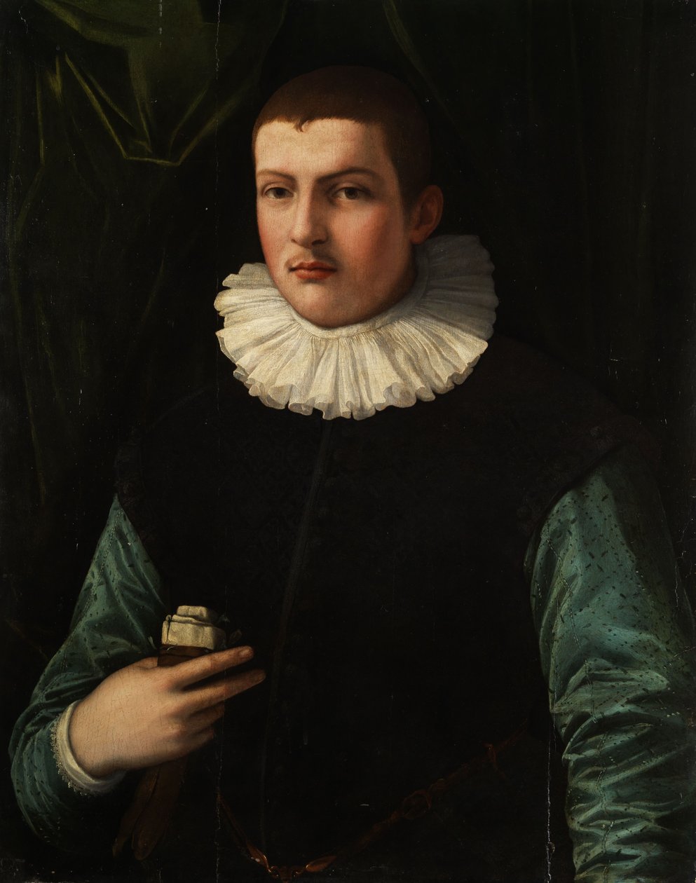 Portræt af en ung mand med et ruff og handsker af i højre hånd. af Francesco Traballesi