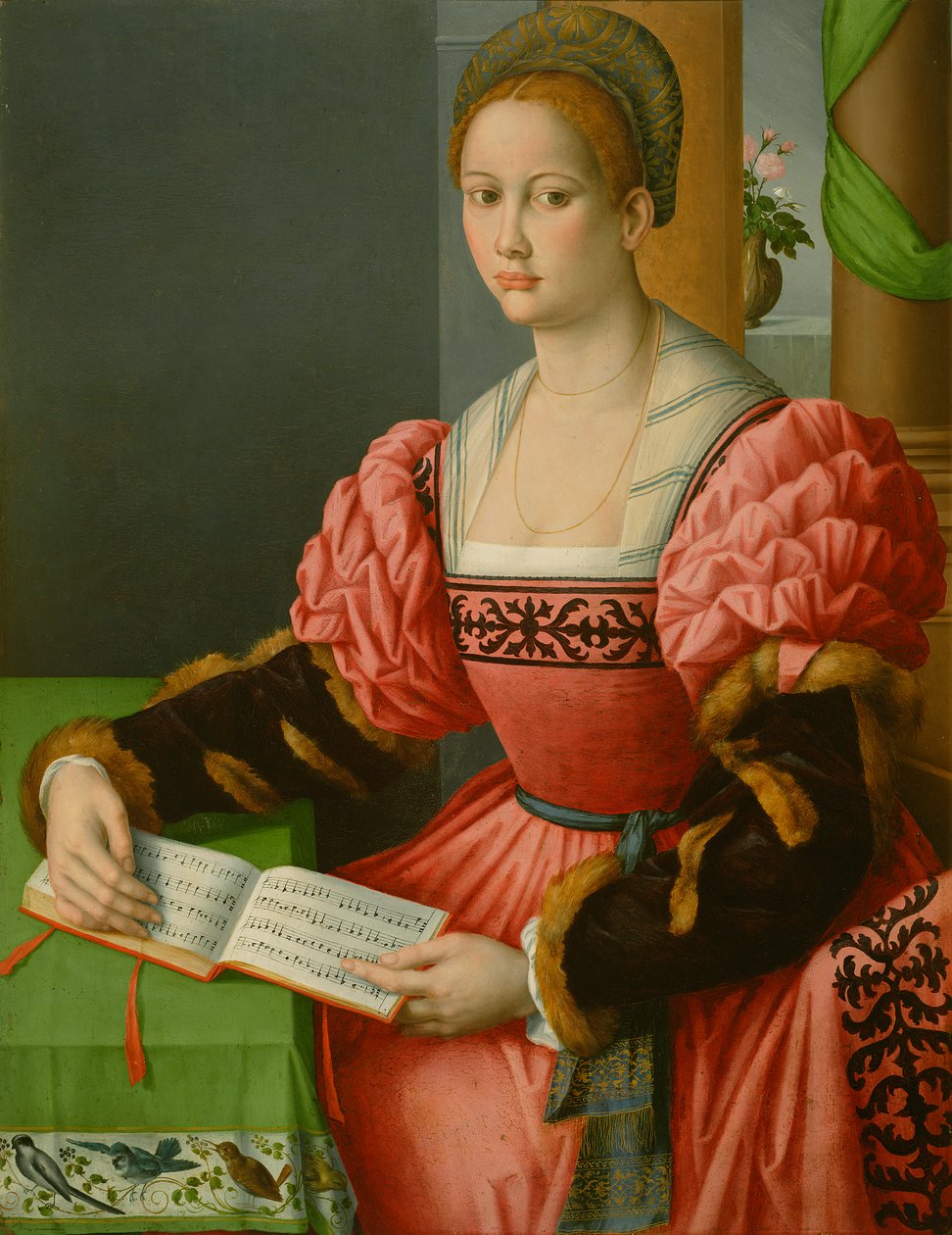Portræt af en kvinde med en musikbog, ca. 1540-45 af Francesco Ubertini, Il Bacchiacca