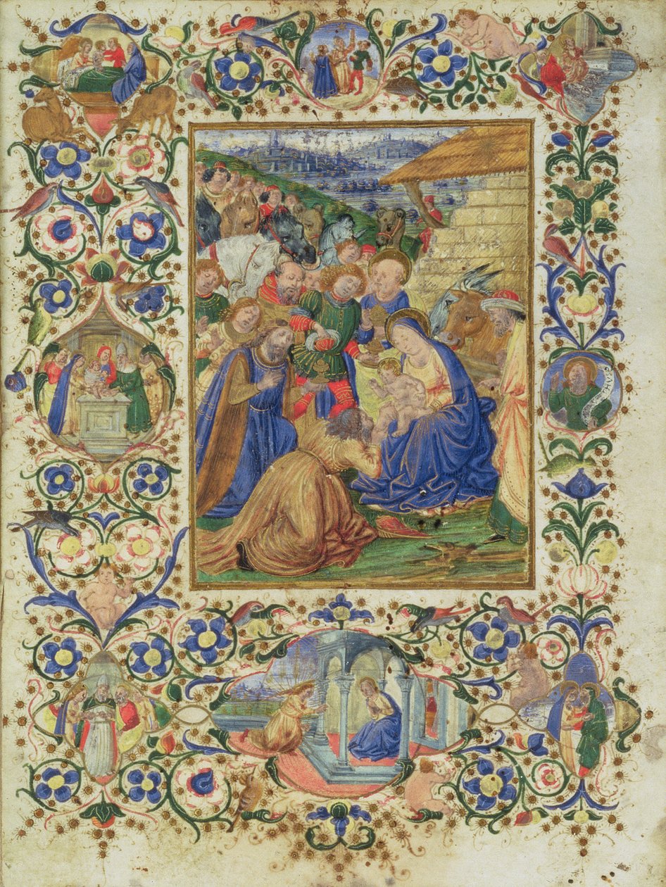 Magiernes tilbedelse omgivet af medaljoner, der skildrer episoder fra Jomfruens og en profets liv af Francesco d