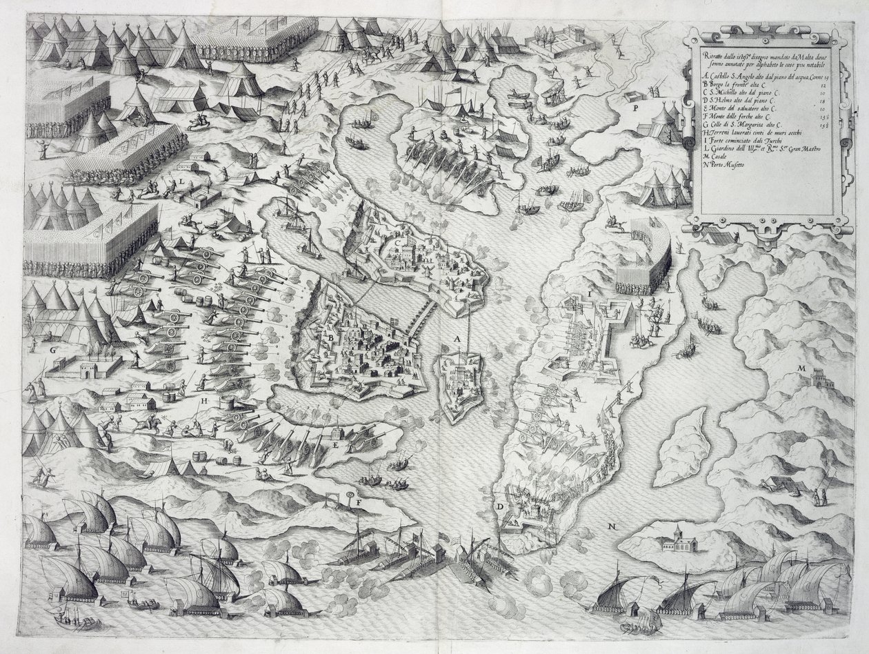 Malta belejret af de vantro, fra "Della Architettura Militare", udgivet i 1551 af Francesco de Marchi