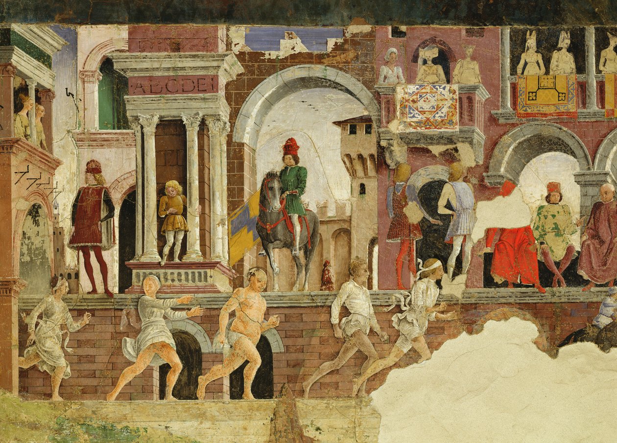 Allegori af april: en forestilling på Borso dEste-pladsen, detalje af løbende fodgængere, 1469-70, fresco af Francesco del Cossa