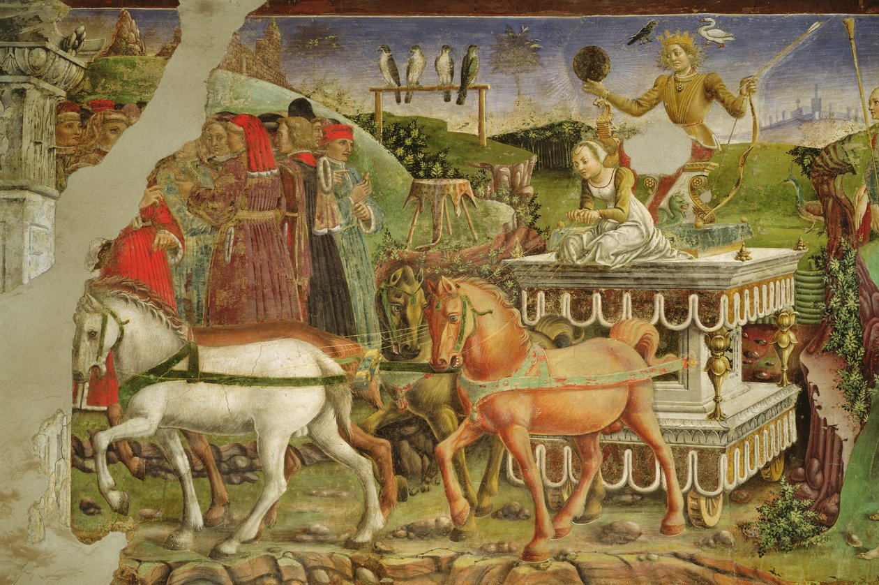 Allegori af maj: Apollos vogn trukket af heste og drevet af Aurora, detalje fra Triumf af Apollo, 1469-70, af Francesco del Cossa