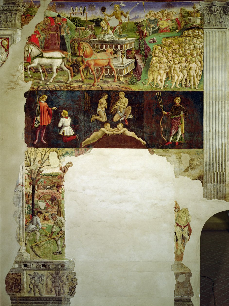 Allegori af maj: Astrologiske symboler for Tvillingerne og Apollons triumf, af Francesco del Cossa, 1469 - 1470, 15. århundrede, fresc af Francesco del Cossa