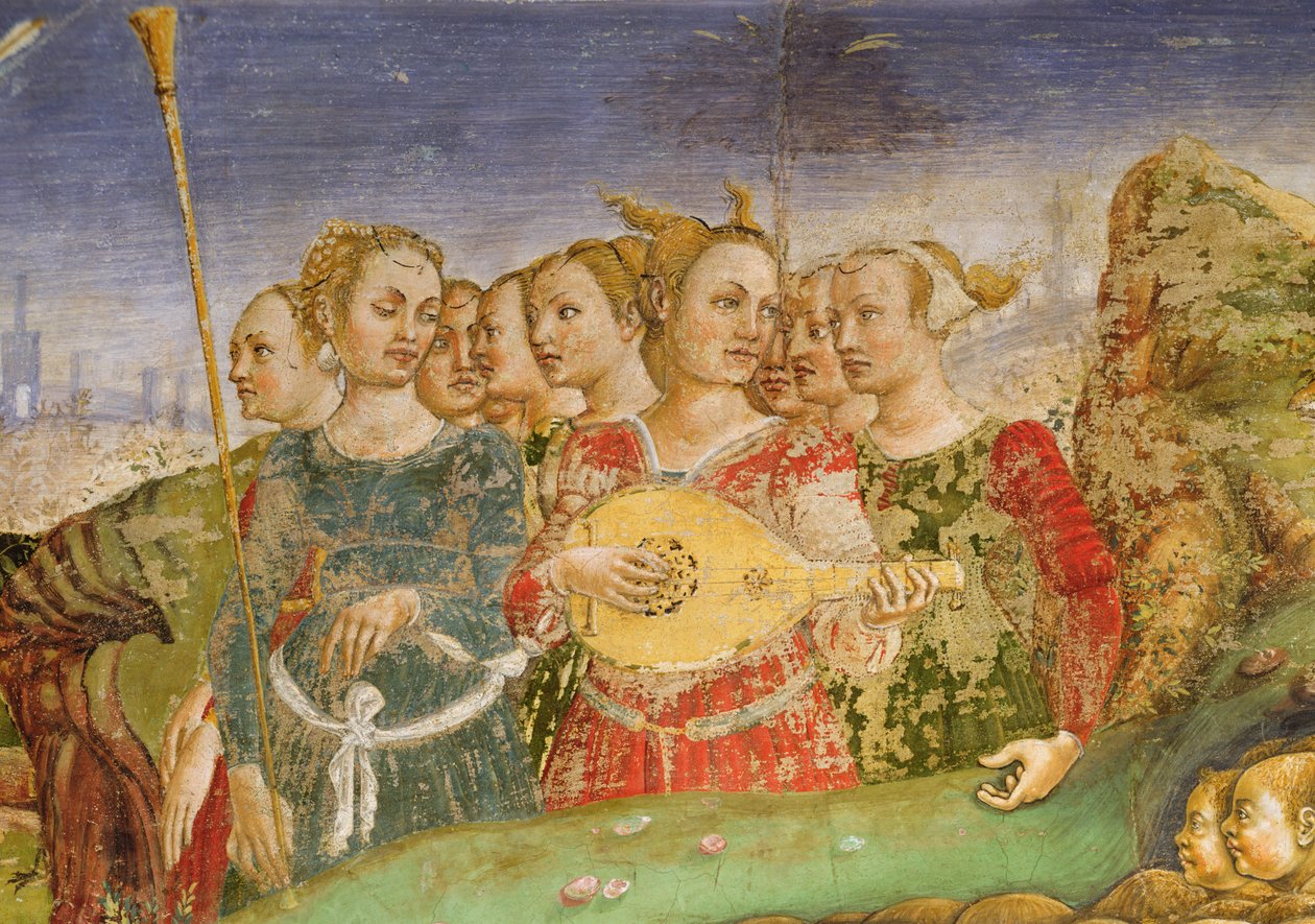 Allegori af maj: Apollons triumf, detalje af en gruppe unge piger med en lutspiller, 1469-70, af Francesco del Cossa