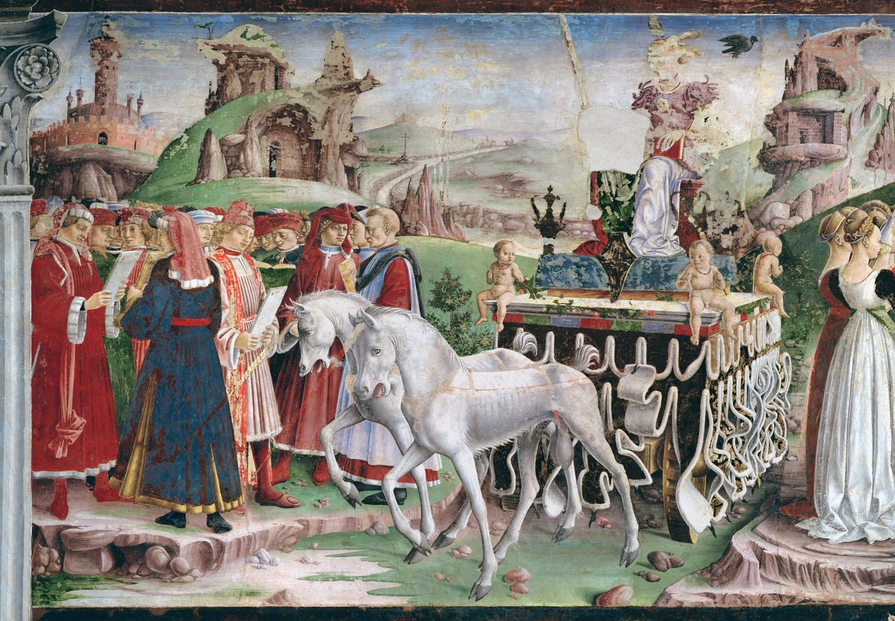 Minervas triumf: marts, fra Månedens værelse, detalje af vognen og gruppen af savanter, ca. 1467-70 af Francesco del Cossa