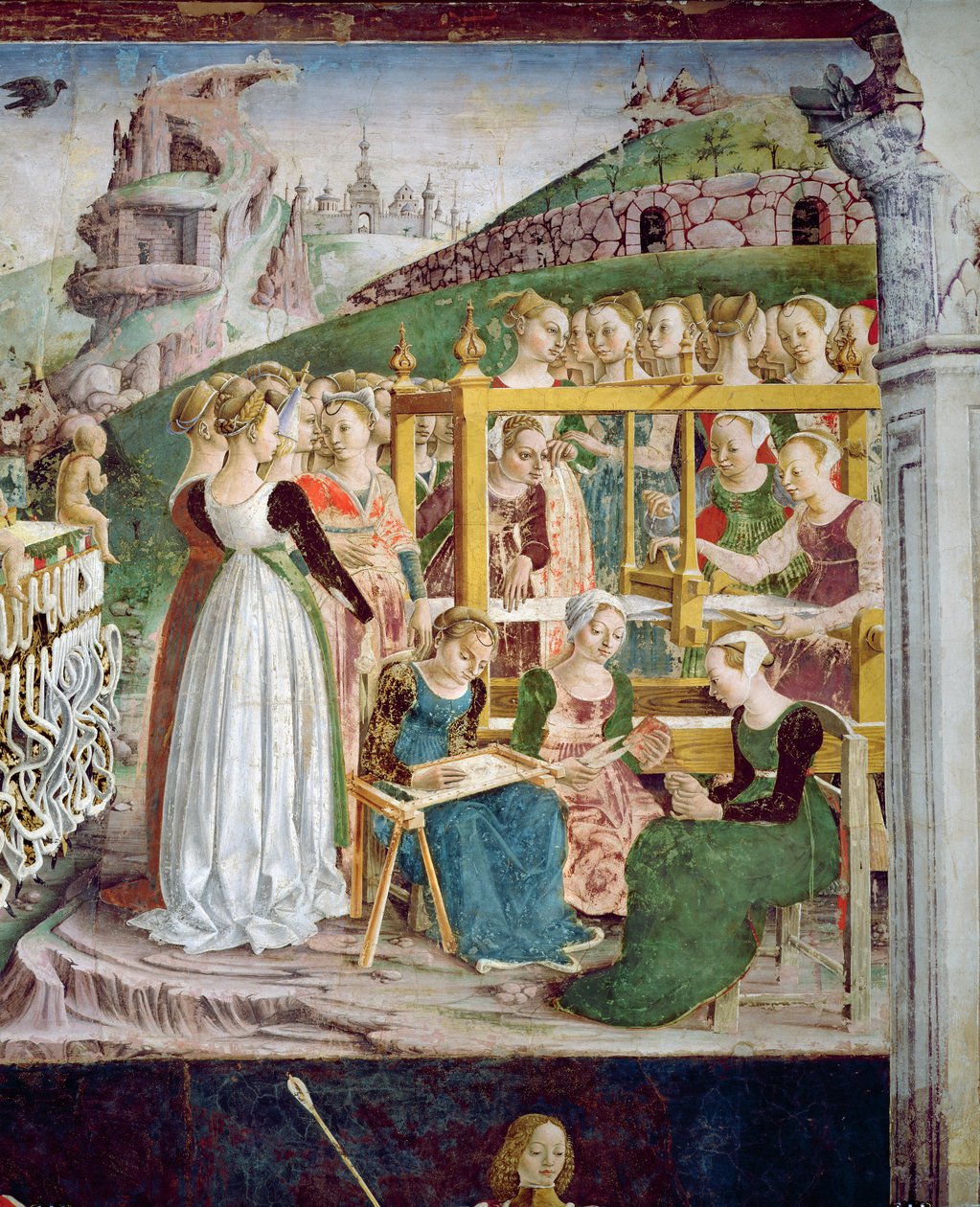 Minervas triumf: marts, fra Månedens værelse, detalje af væverne, ca. 1467-70 af Francesco del Cossa